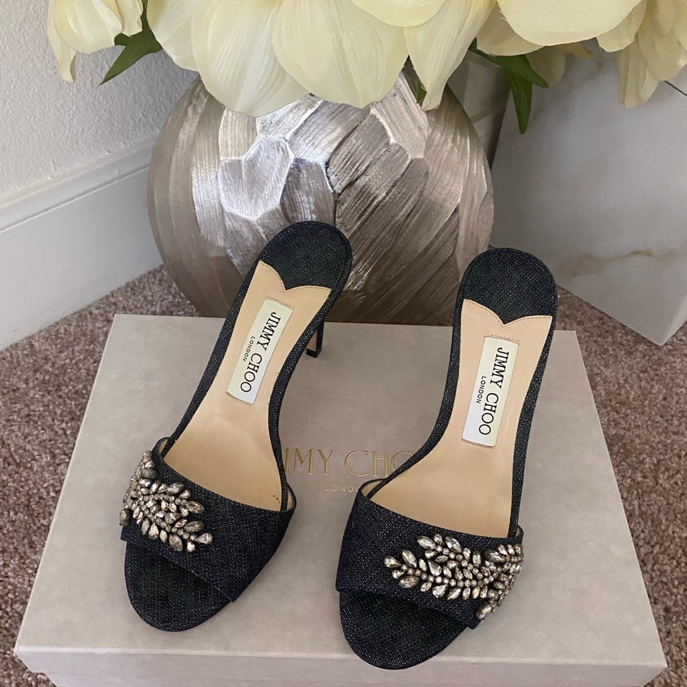 EUC Stacey 85 mm denim and crystal mules